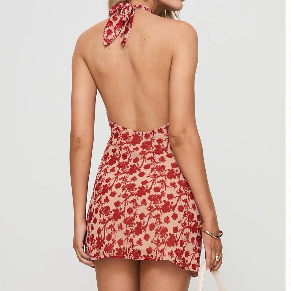 Floral Halter Neck Red Dress